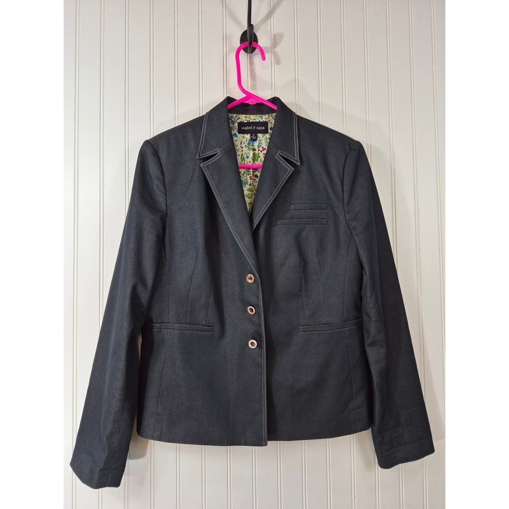 Isabel & Nina Dark Gray Navy White Top Stitch Blazer Jacket Size 14 Preppy